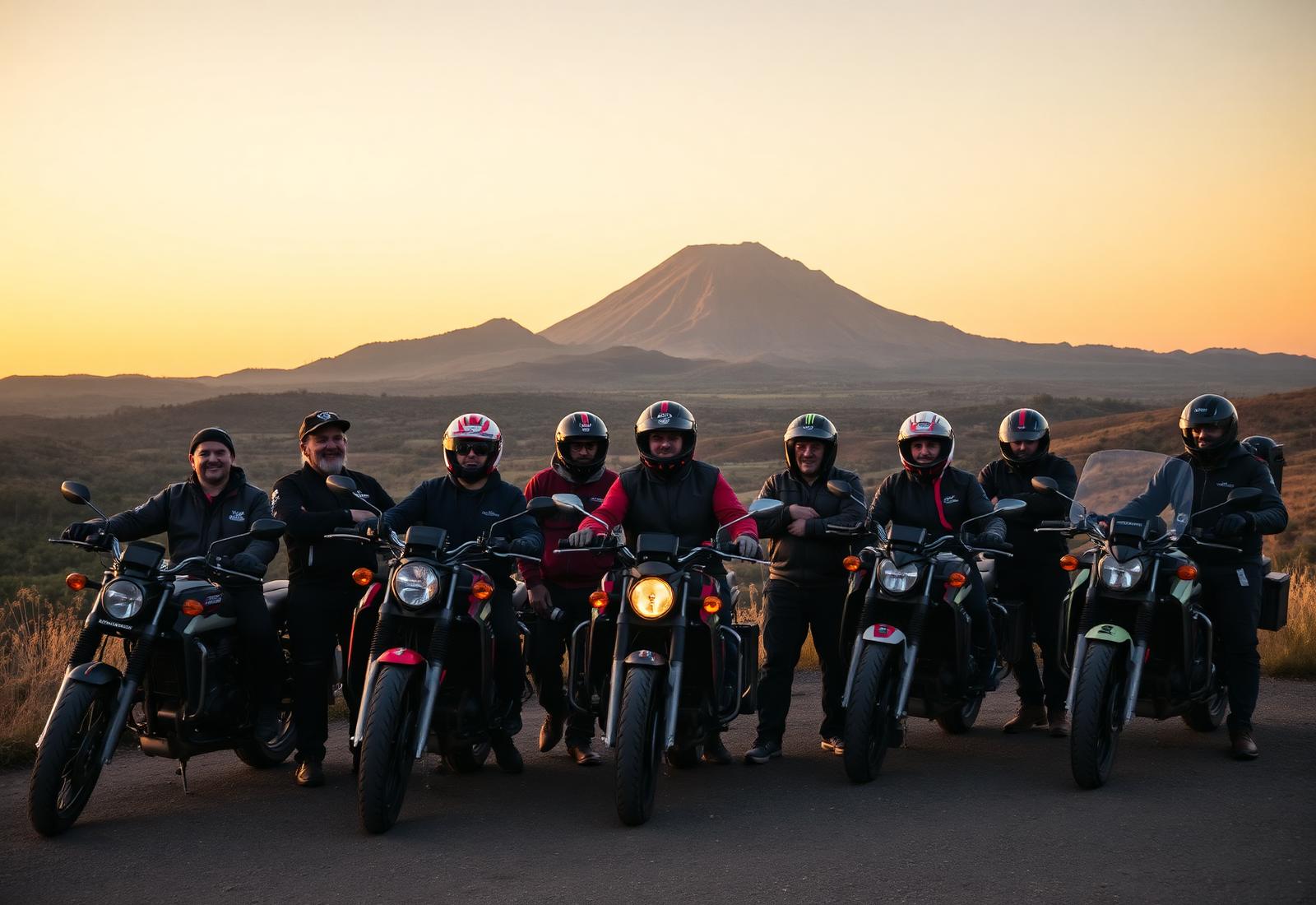 Groupe de motards devant un volcan d'Auvergne